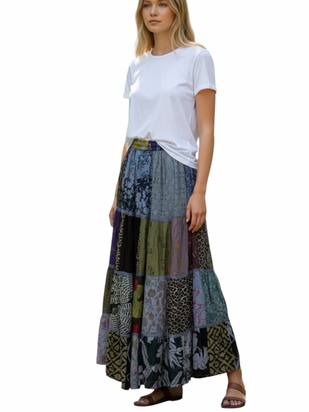 Ananta Patchwork Elastic Waistband Maxi Skirt(Size One Size)